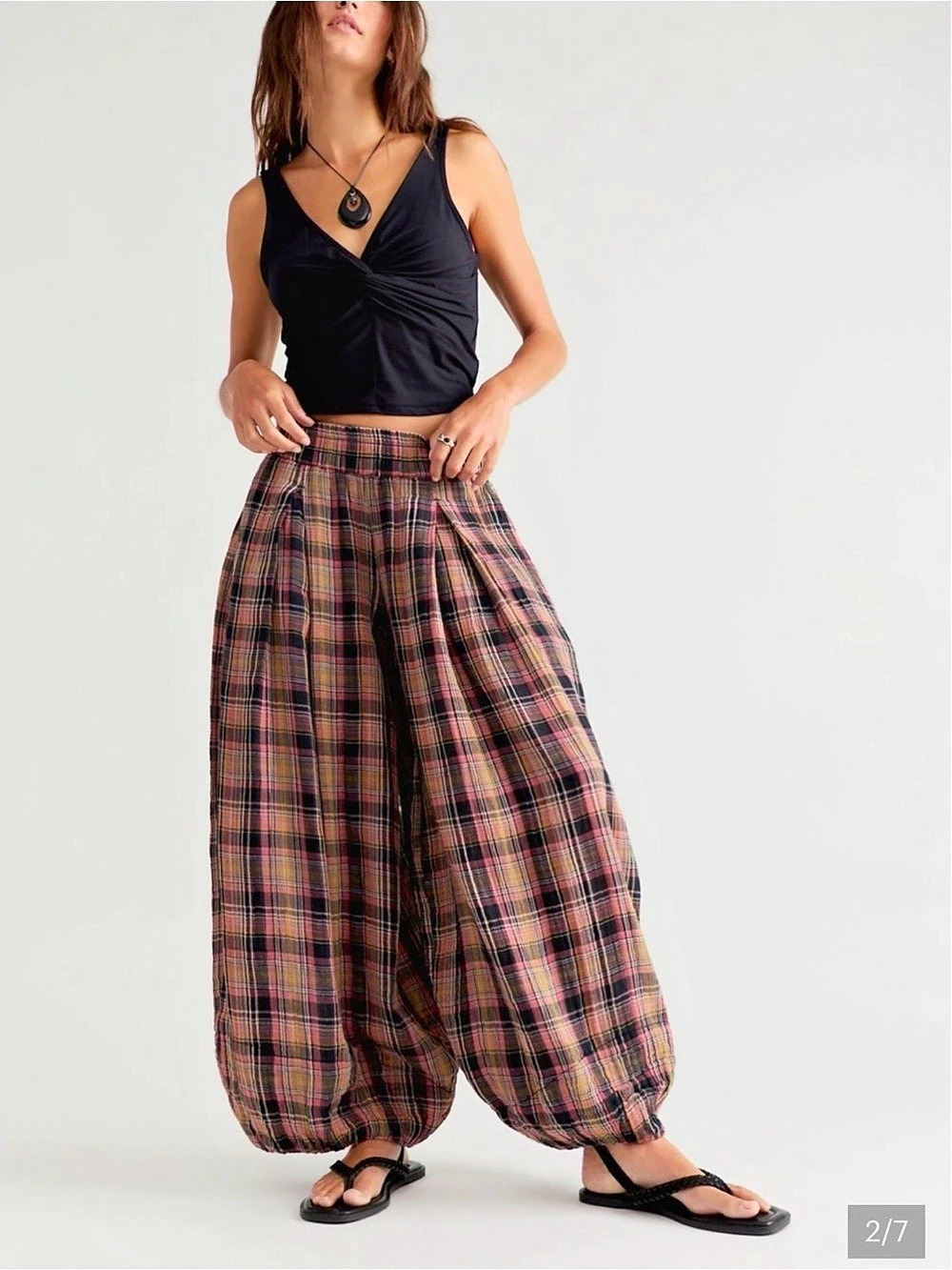 Free People Moonflower Plaid Pull-On Balloon Pants Pink & Black